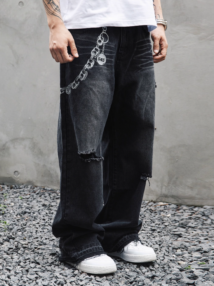 S45 Chain-Link Printed Ripped Hem Washed Jeans | Face 3 Face