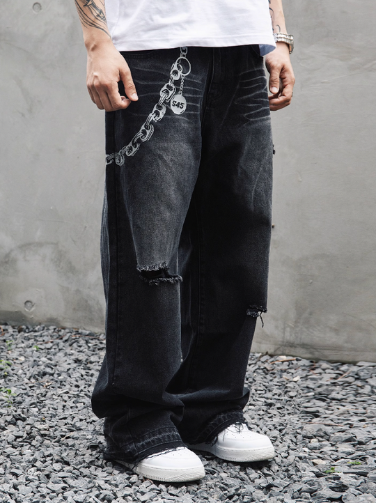 S45 Chain-Link Printed Ripped Hem Washed Jeans | Face 3 Face