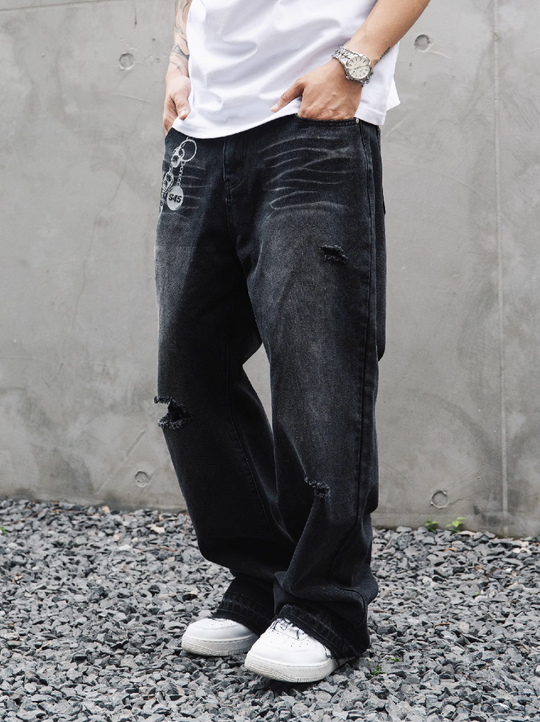 S45 Chain-Link Printed Ripped Hem Washed Jeans | Face 3 Face