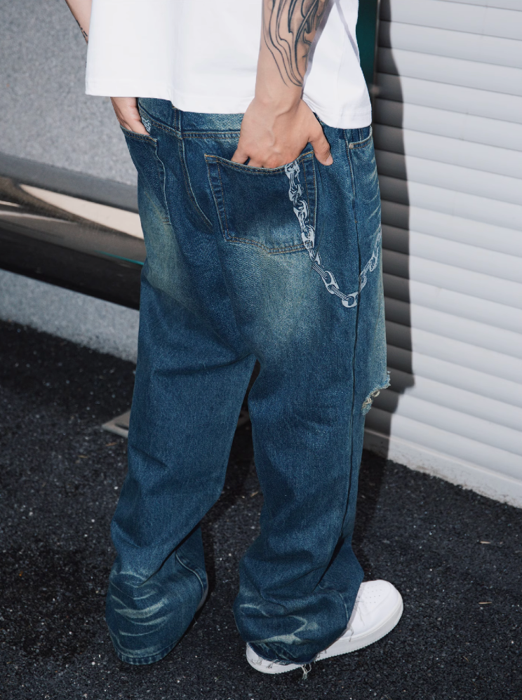 S45 Chain-Link Printed Ripped Hem Washed Jeans | Face 3 Face