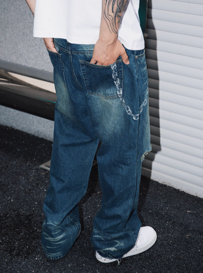 S45 Chain-Link Printed Ripped Hem Washed Jeans | Face 3 Face