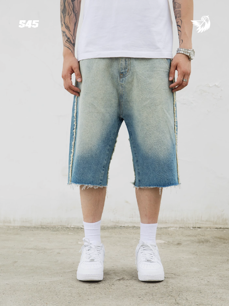 S45 Washed Gradient Double Raw Edge Denim Shorts | Face 3 Face