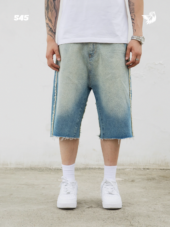 S45 Washed Gradient Double Raw Edge Denim Shorts | Face 3 Face