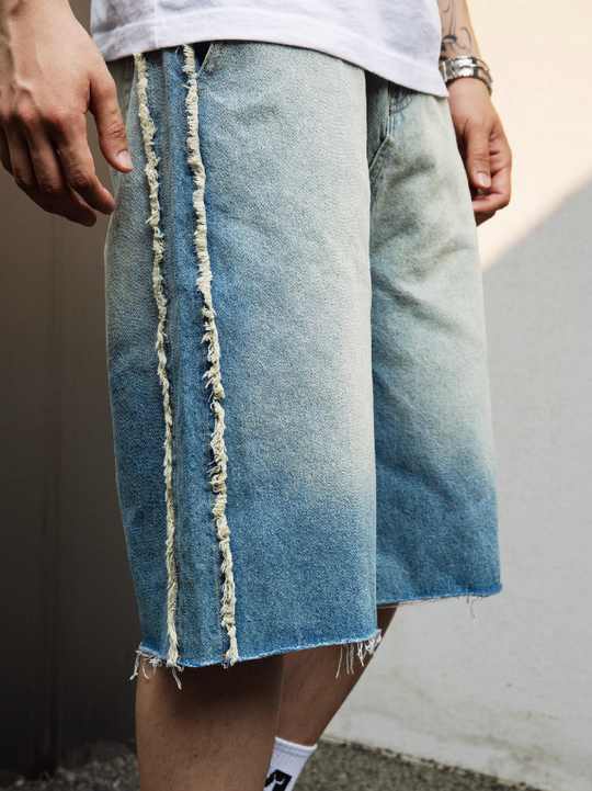 S45 Washed Gradient Double Raw Edge Denim Shorts | Face 3 Face