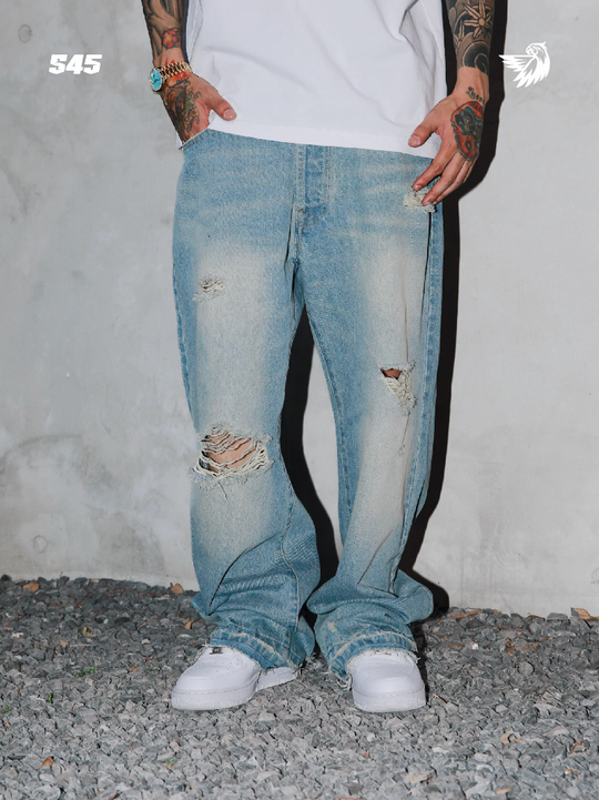 S45 Scattered Hem Washed Distressed Holes Jeans | Face 3 Face