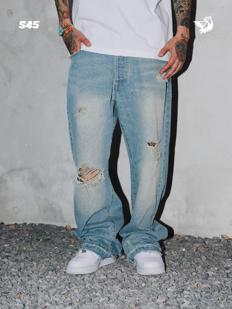 S45 Scattered Hem Washed Distressed Holes Jeans | Face 3 Face
