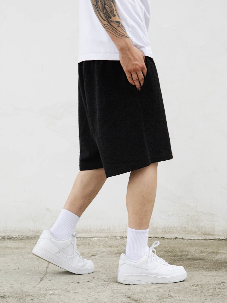 S45 Terry Drawstring Embroidered Logo Solid Color Sports Shorts | Face 3 Face