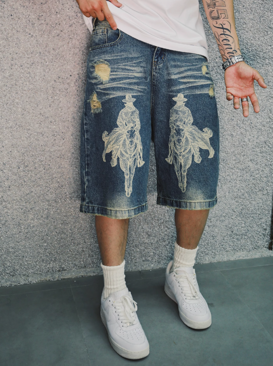 S45 Digital Printed Rivets Ruined Washed Denim Shorts | Face 3 Face