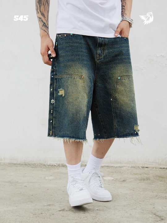 S45 Gem Woodcutting Distressed Raw Edge Denim Shorts | Face 3 Face