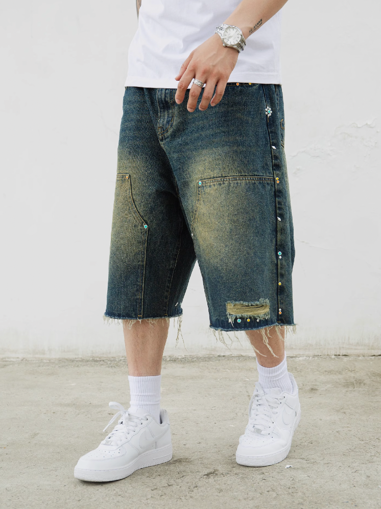 S45 Gem Woodcutting Distressed Raw Edge Denim Shorts | Face 3 Face