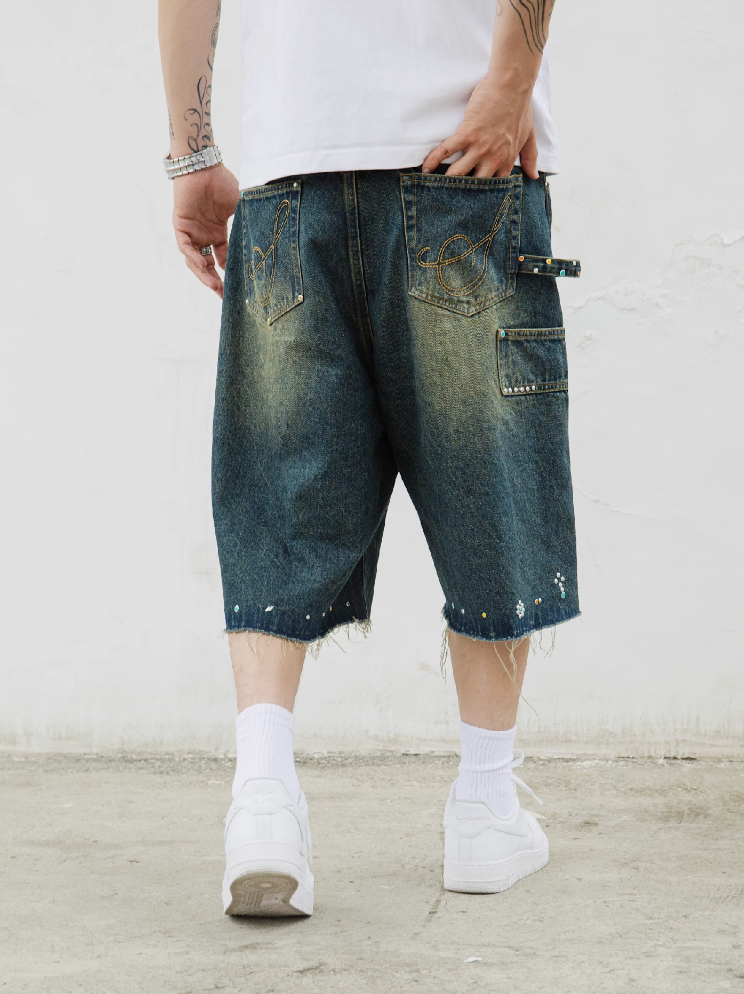 S45 Gem Woodcutting Distressed Raw Edge Denim Shorts | Face 3 Face