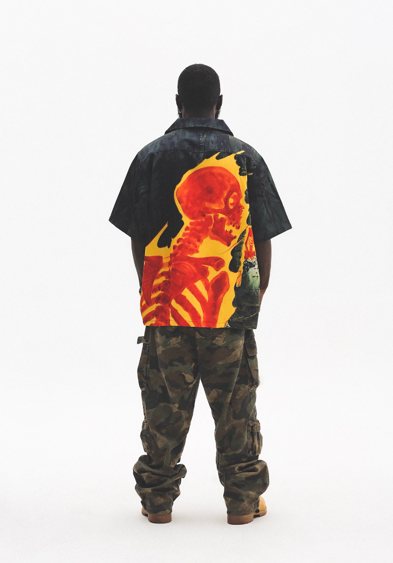 UNTILWERICH Cuban Collar Flaming Skull Short Sleeve Shirt | Face 3 Face