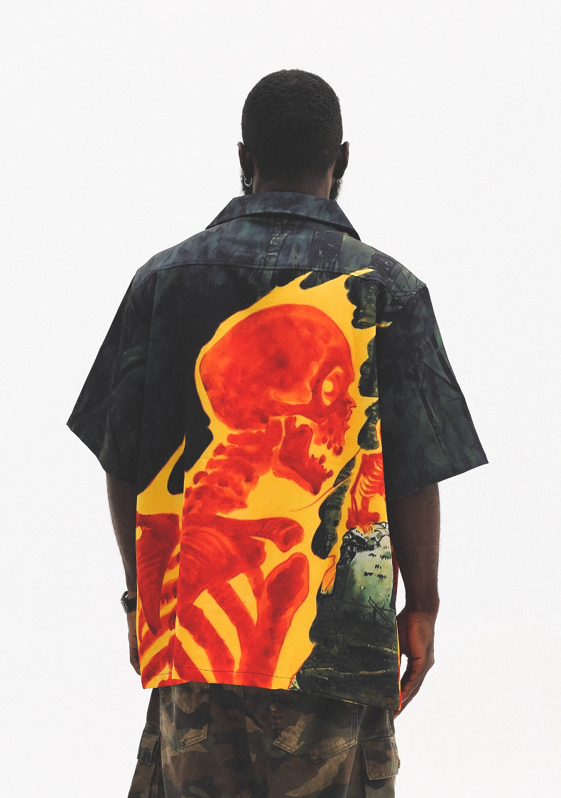 UNTILWERICH Cuban Collar Flaming Skull Short Sleeve Shirt | Face 3 Face