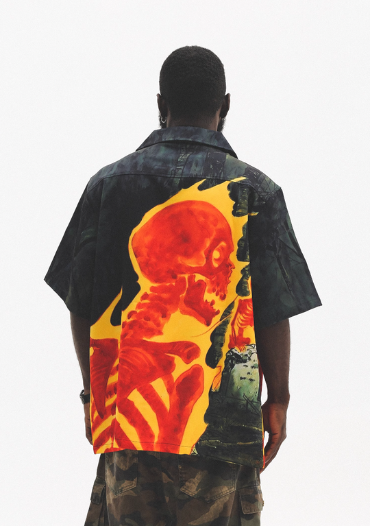 UNTILWERICH Cuban Collar Flaming Skull Short Sleeve Shirt | Face 3 Face