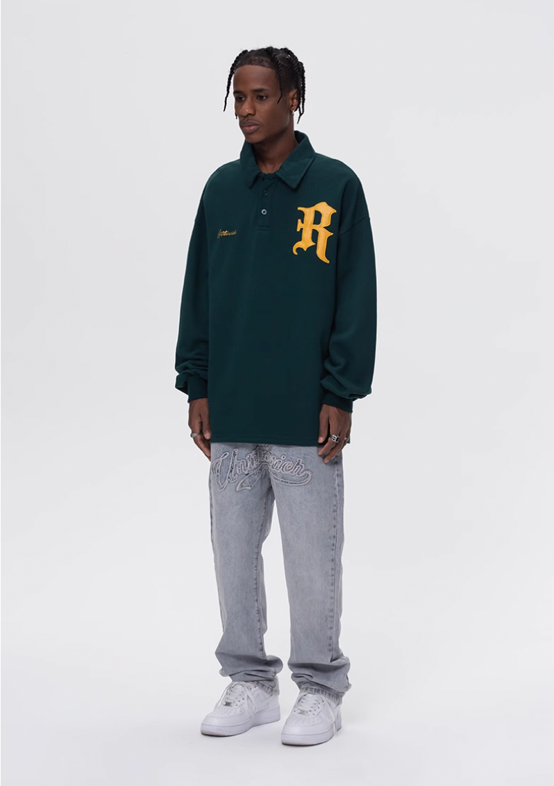 UNTILWERICH Patchwork Leather Embroidery Long Sleeve Polo | Face 3 Face