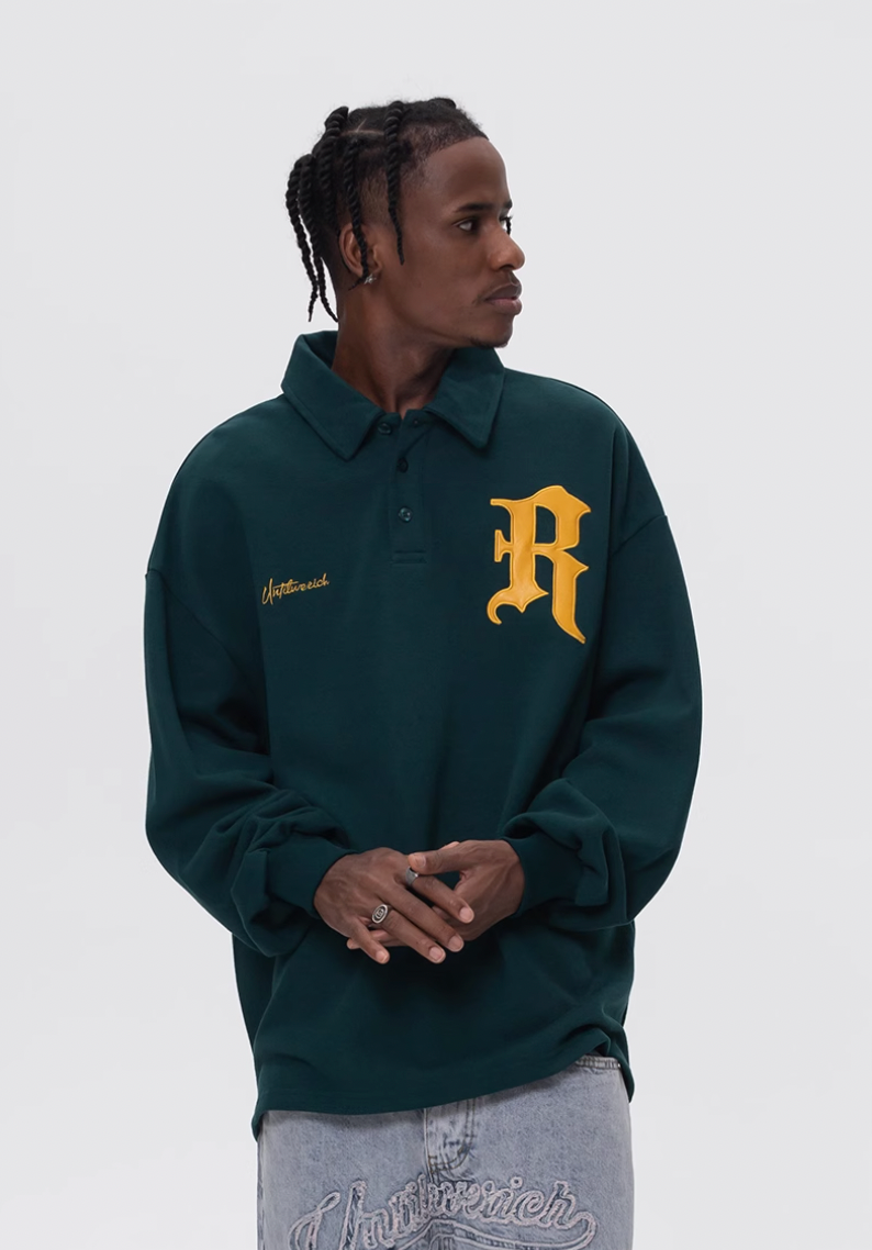 UNTILWERICH Patchwork Leather Embroidery Long Sleeve Polo | Face 3 Face