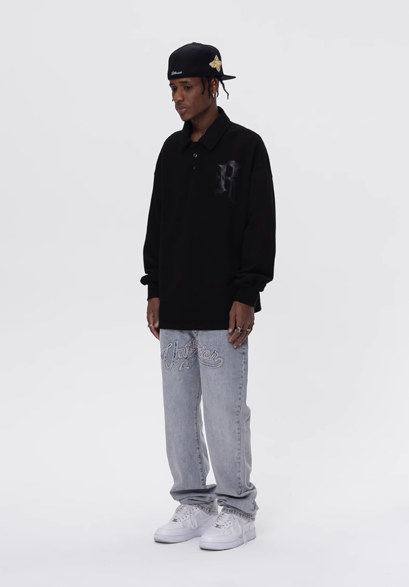 UNTILWERICH Patchwork Leather Embroidery Long Sleeve Polo | Face 3 Face