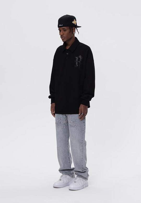 UNTILWERICH Patchwork Leather Embroidery Long Sleeve Polo | Face 3 Face