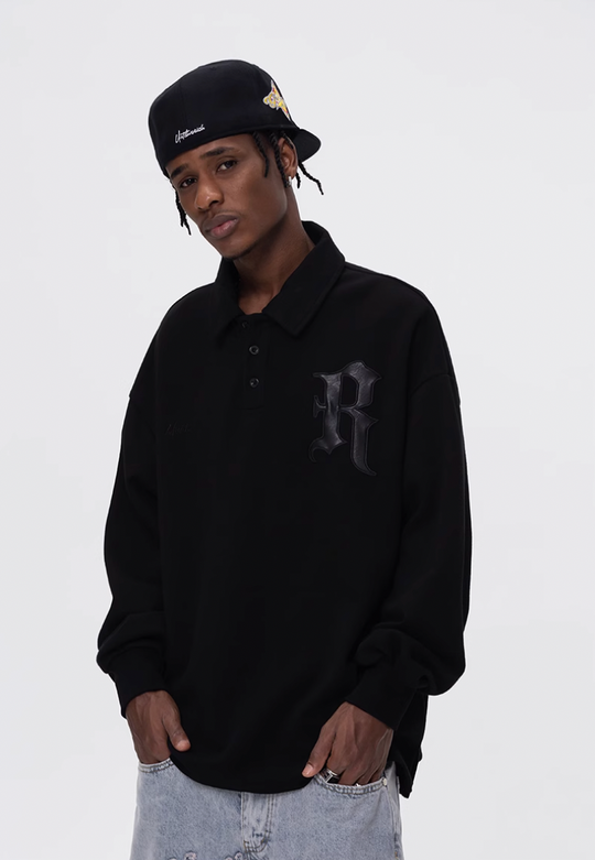 UNTILWERICH Patchwork Leather Embroidery Long Sleeve Polo | Face 3 Face