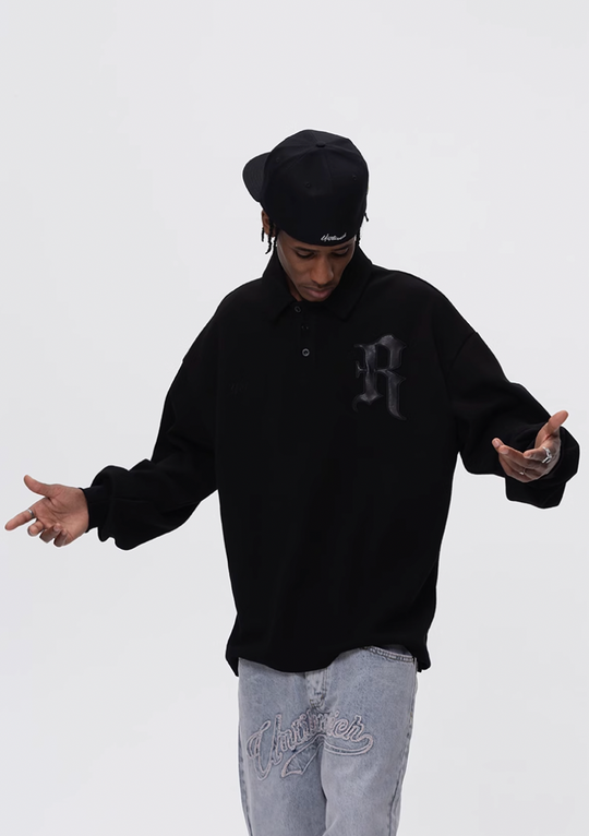 UNTILWERICH Patchwork Leather Embroidery Long Sleeve Polo | Face 3 Face