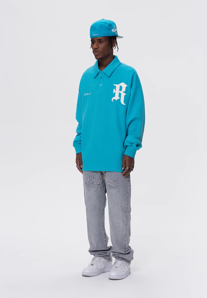 UNTILWERICH Patchwork Leather Embroidery Long Sleeve Polo | Face 3 Face