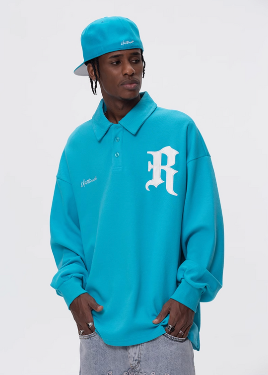 UNTILWERICH Patchwork Leather Embroidery Long Sleeve Polo | Face 3 Face