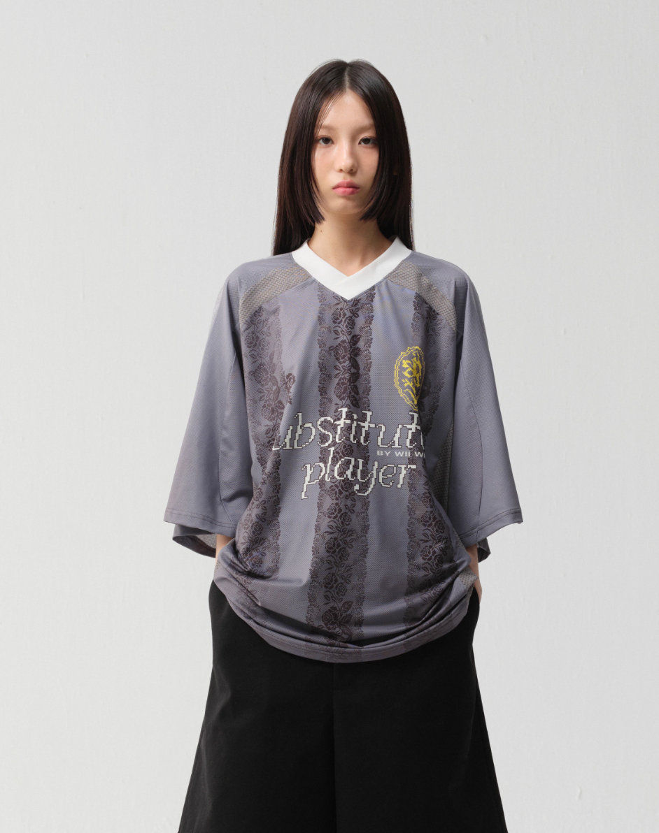 wii wil Oversize Light Gray Striped Lace Pattern Soccer Jersey | Face 3 Face