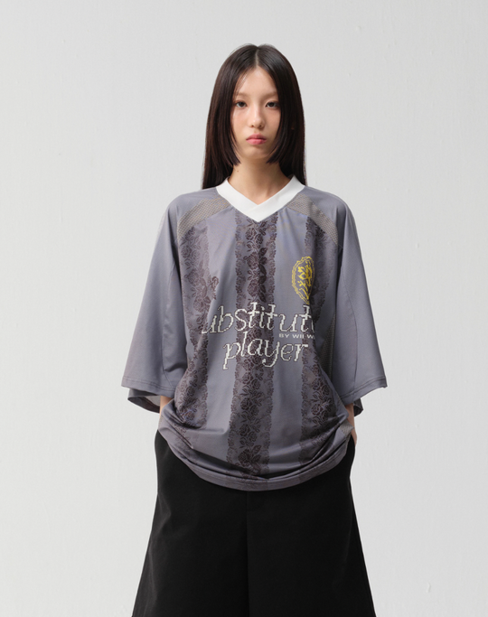 wii wil Oversize Light Gray Striped Lace Pattern Soccer Jersey | Face 3 Face