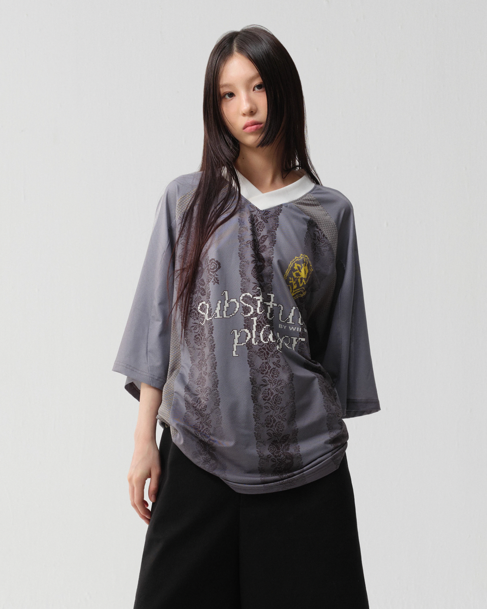 wii wil Oversize Light Gray Striped Lace Pattern Soccer Jersey | Face 3 Face