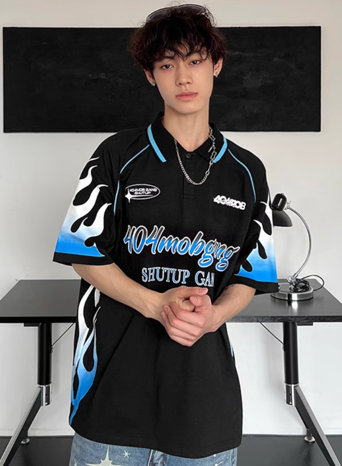 404MOB Flame Printed Lapel Soccer Jersey Polo | Face 3 Face