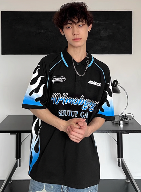 404MOB Flame Printed Lapel Soccer Jersey Polo | Face 3 Face