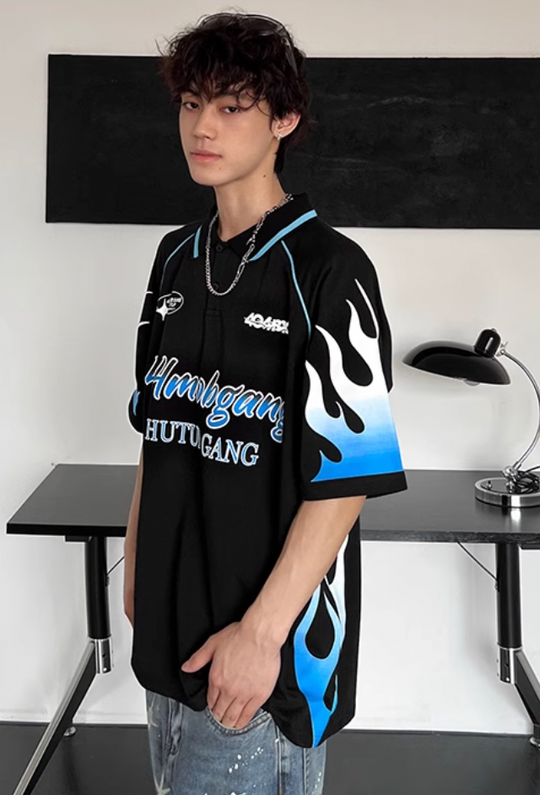 404MOB Flame Printed Lapel Soccer Jersey Polo | Face 3 Face