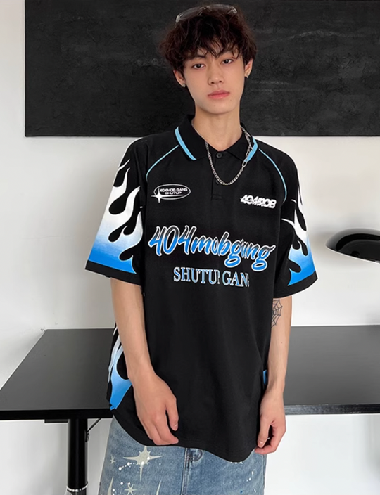 404MOB Flame Printed Lapel Soccer Jersey Polo | Face 3 Face
