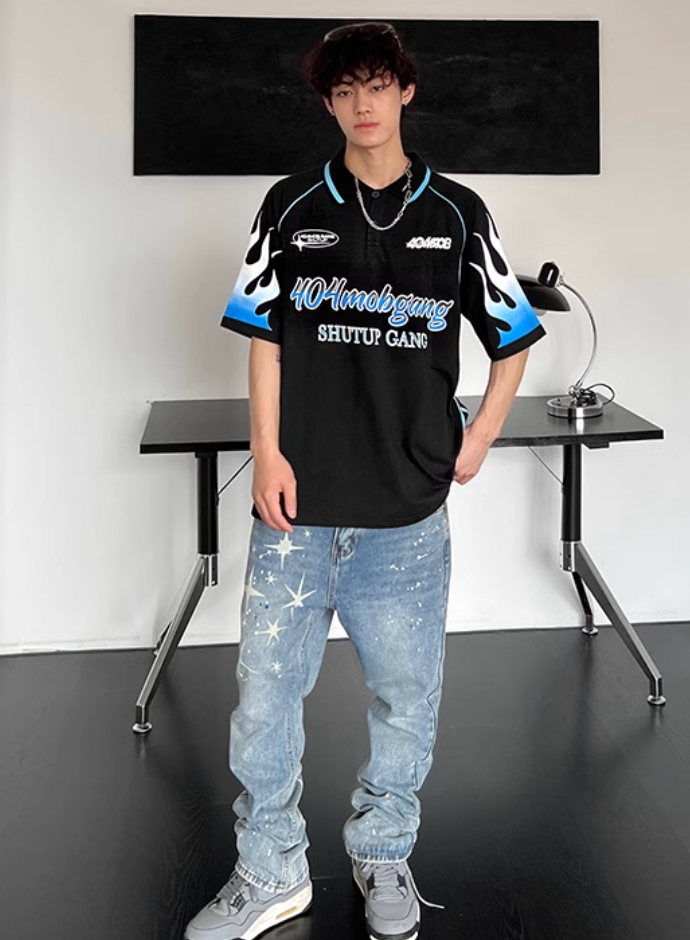 404MOB Flame Printed Lapel Soccer Jersey Polo | Face 3 Face