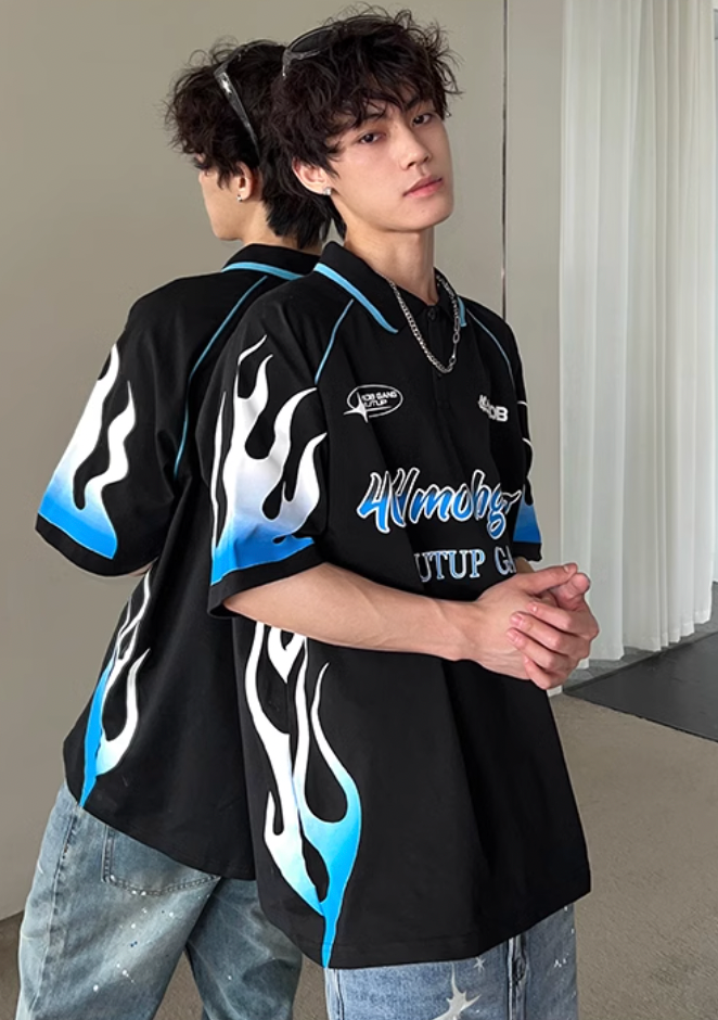 404MOB Flame Printed Lapel Soccer Jersey Polo | Face 3 Face