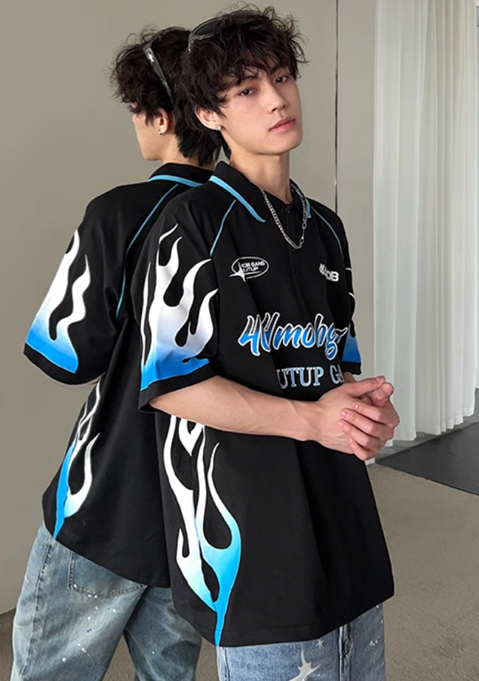 404MOB Flame Printed Lapel Soccer Jersey Polo | Face 3 Face