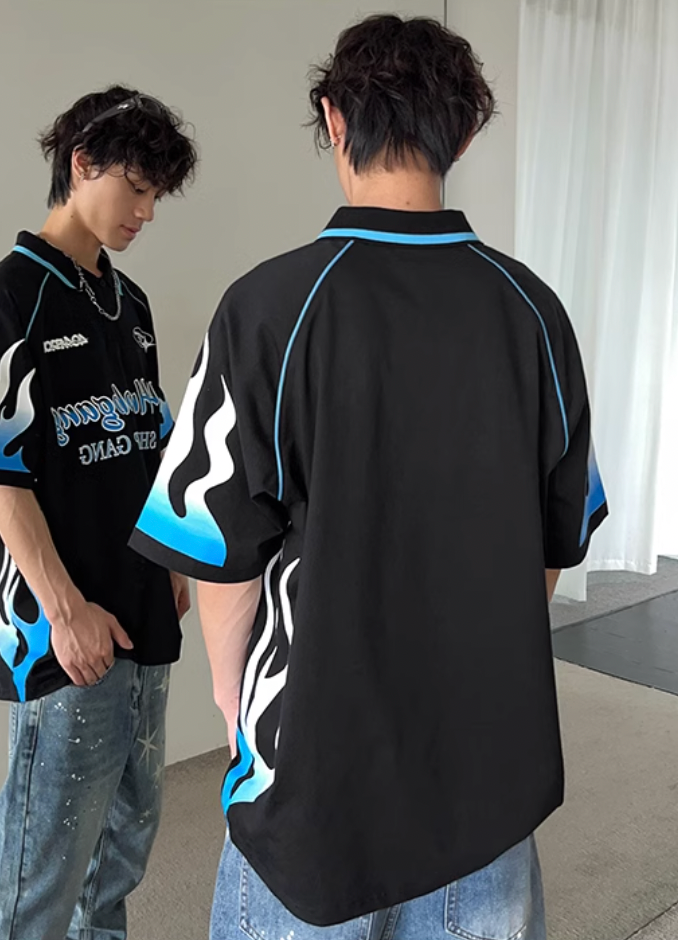 404MOB Flame Printed Lapel Soccer Jersey Polo | Face 3 Face