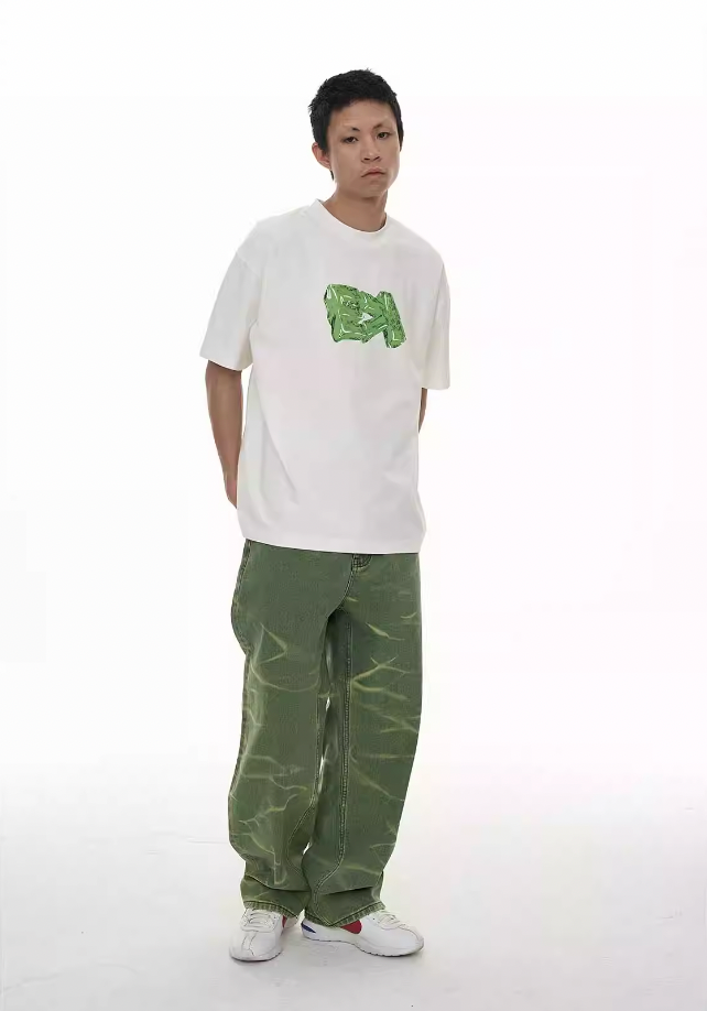 EVILKNIGHT(EK) Green Vintage Water Wave Pattern Washed Jeans | Face 3 Face