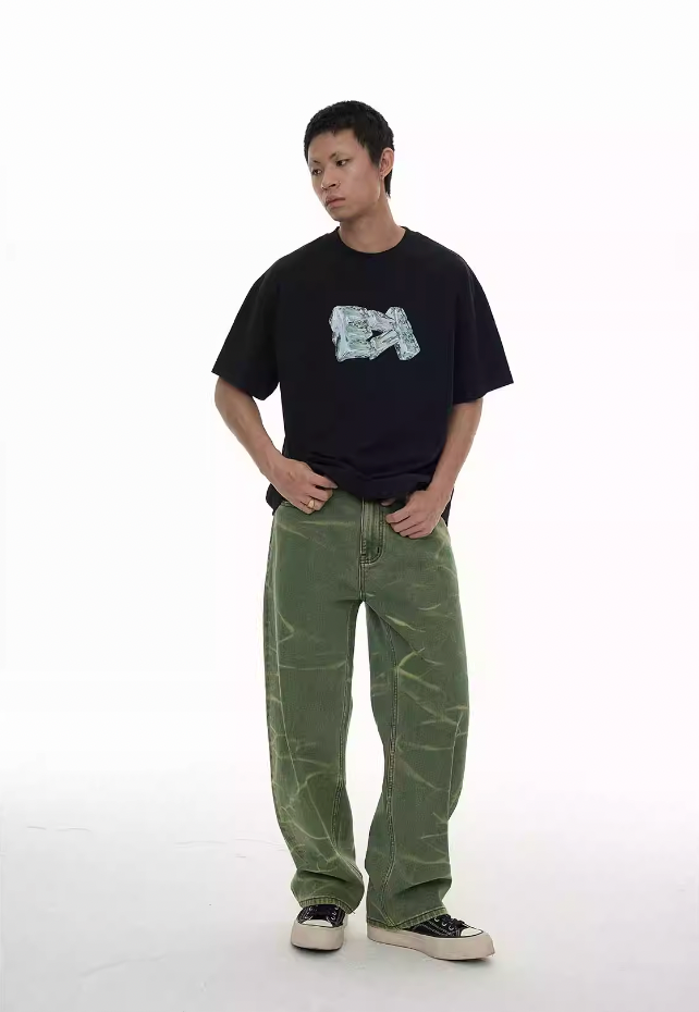 EVILKNIGHT(EK) Green Vintage Water Wave Pattern Washed Jeans | Face 3 Face