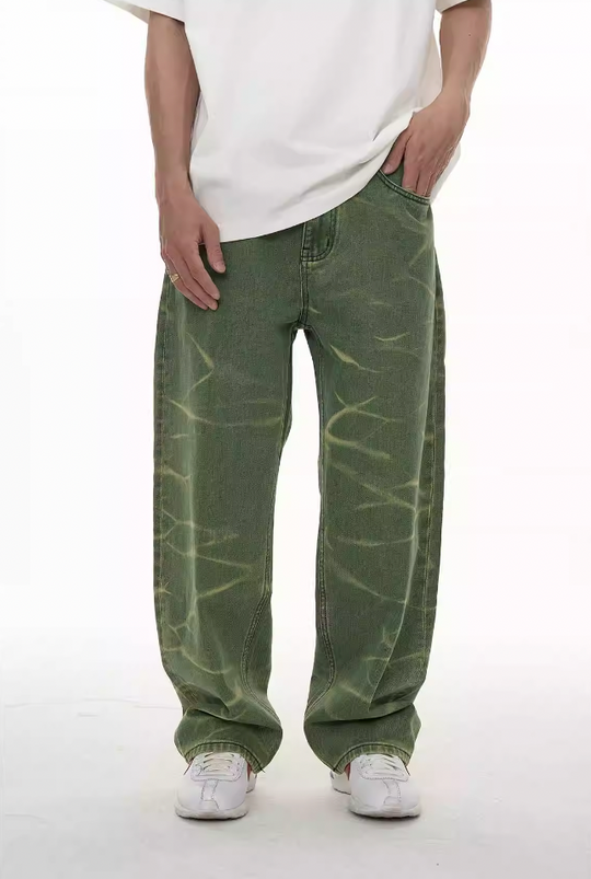 EVILKNIGHT(EK) Green Vintage Water Wave Pattern Washed Jeans | Face 3 Face