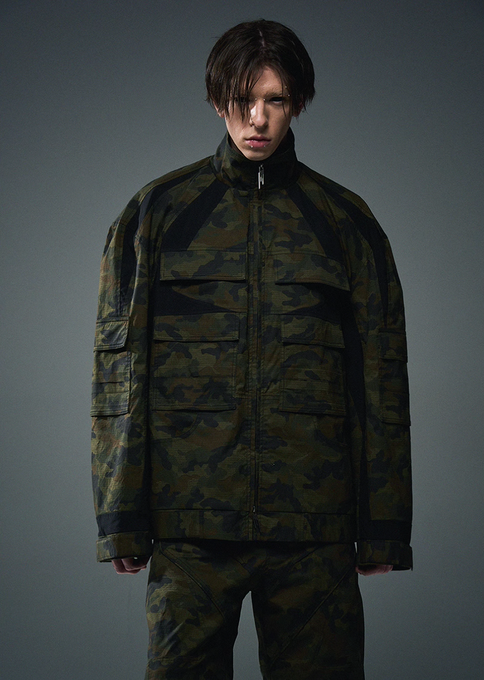 BLIND NO PLAN Colorblocking Textured Check Camouflage Work Jacket | Face 3 Face