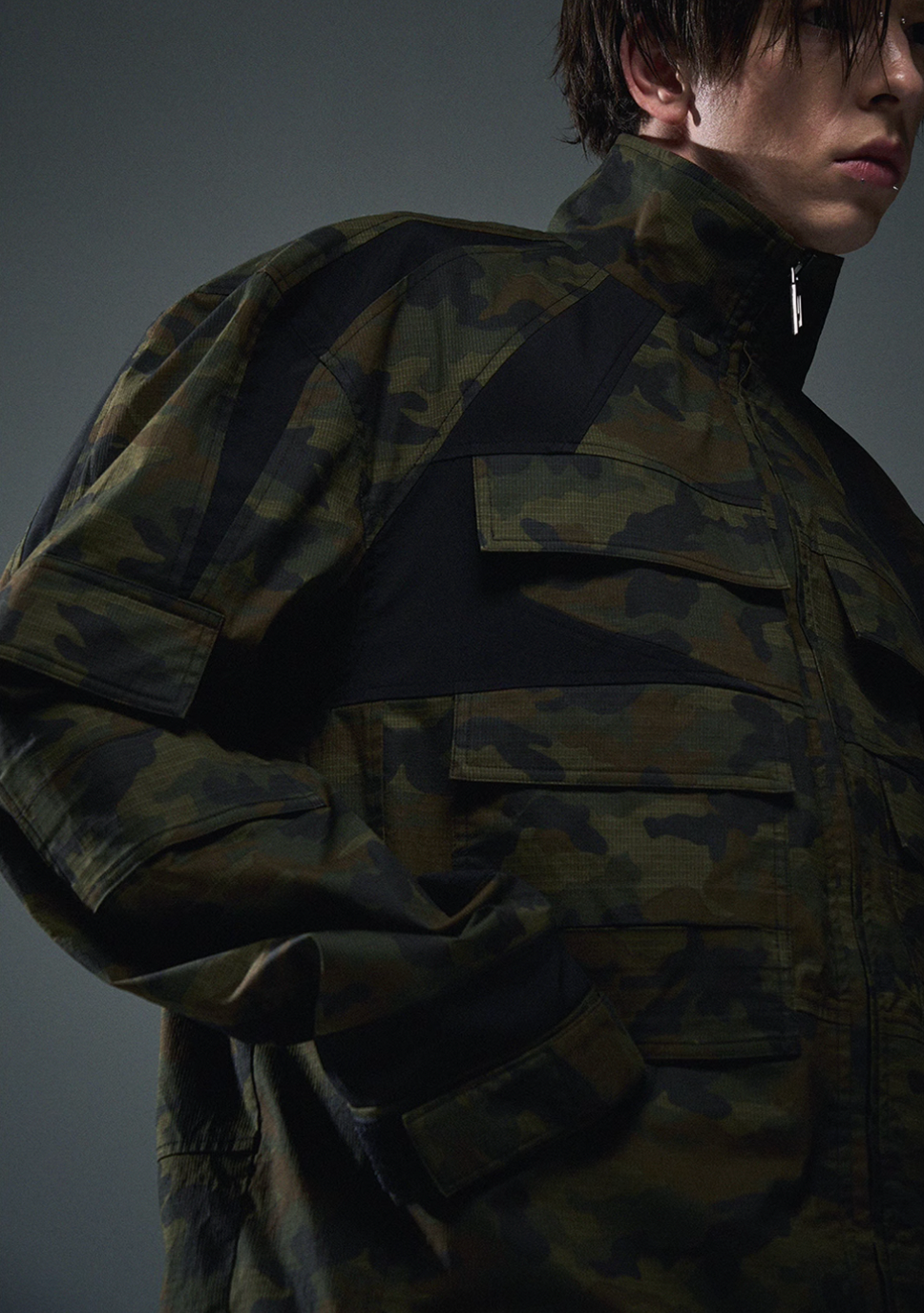 BLIND NO PLAN Colorblocking Textured Check Camouflage Work Jacket | Face 3 Face