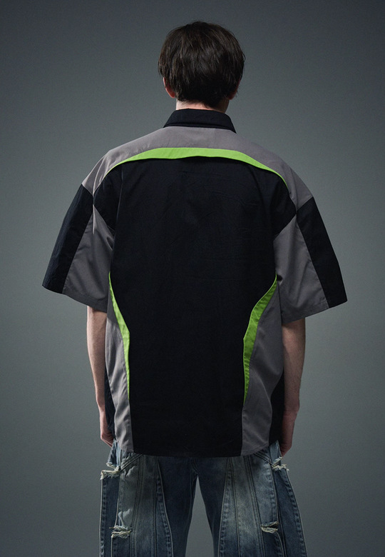 BLIND NO PLAN Colorblocked Racing Heavy Embroidery Short Sleeve Shirt | Face 3 Face