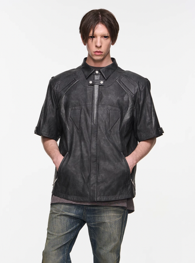 BLIND NO PLAN Patchwork Leather Biker Short Sleeve Shirt | Face 3 Face