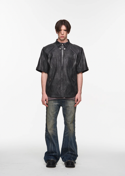 BLIND NO PLAN Patchwork Leather Biker Short Sleeve Shirt | Face 3 Face