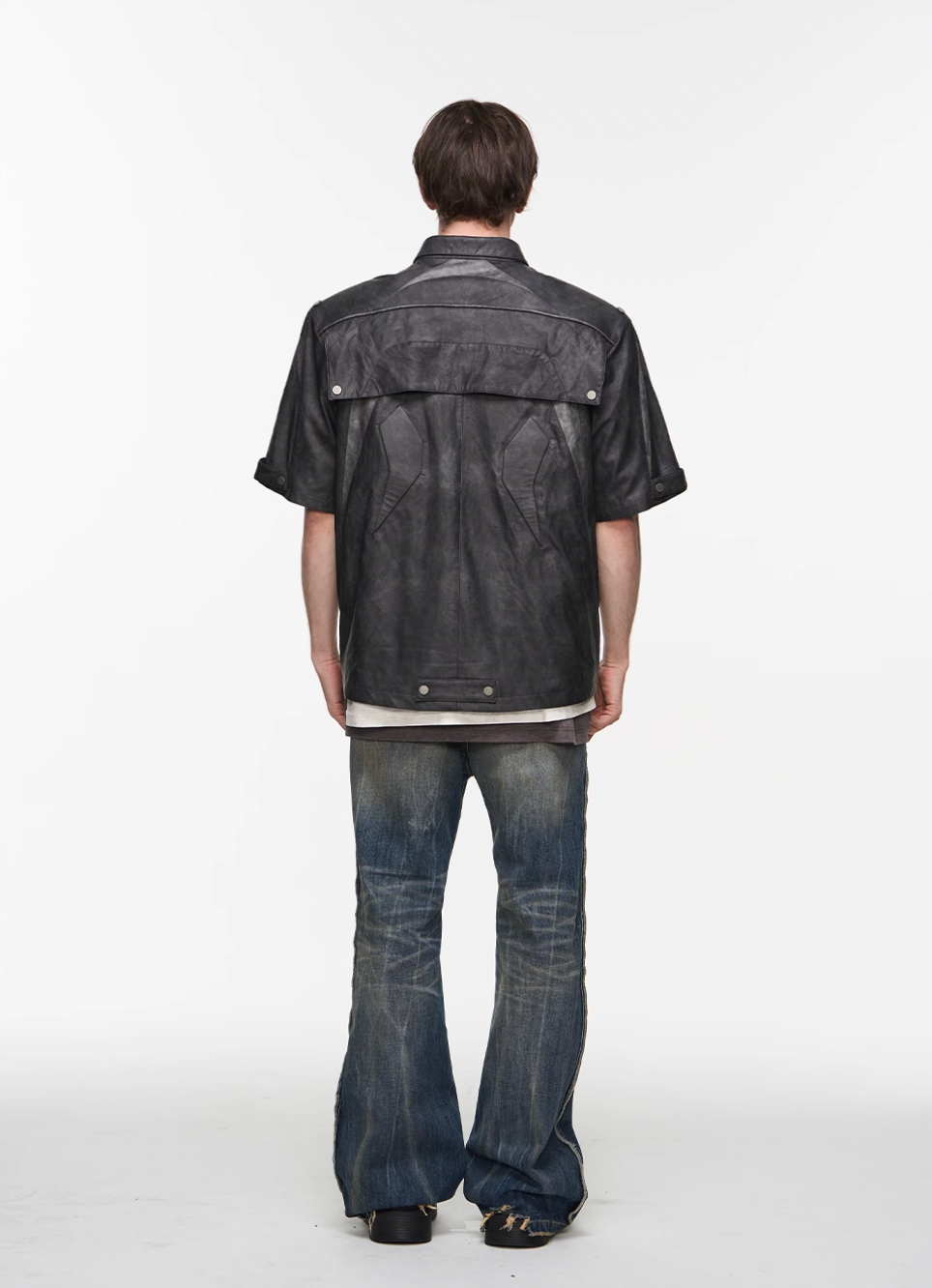 BLIND NO PLAN Patchwork Leather Biker Short Sleeve Shirt | Face 3 Face