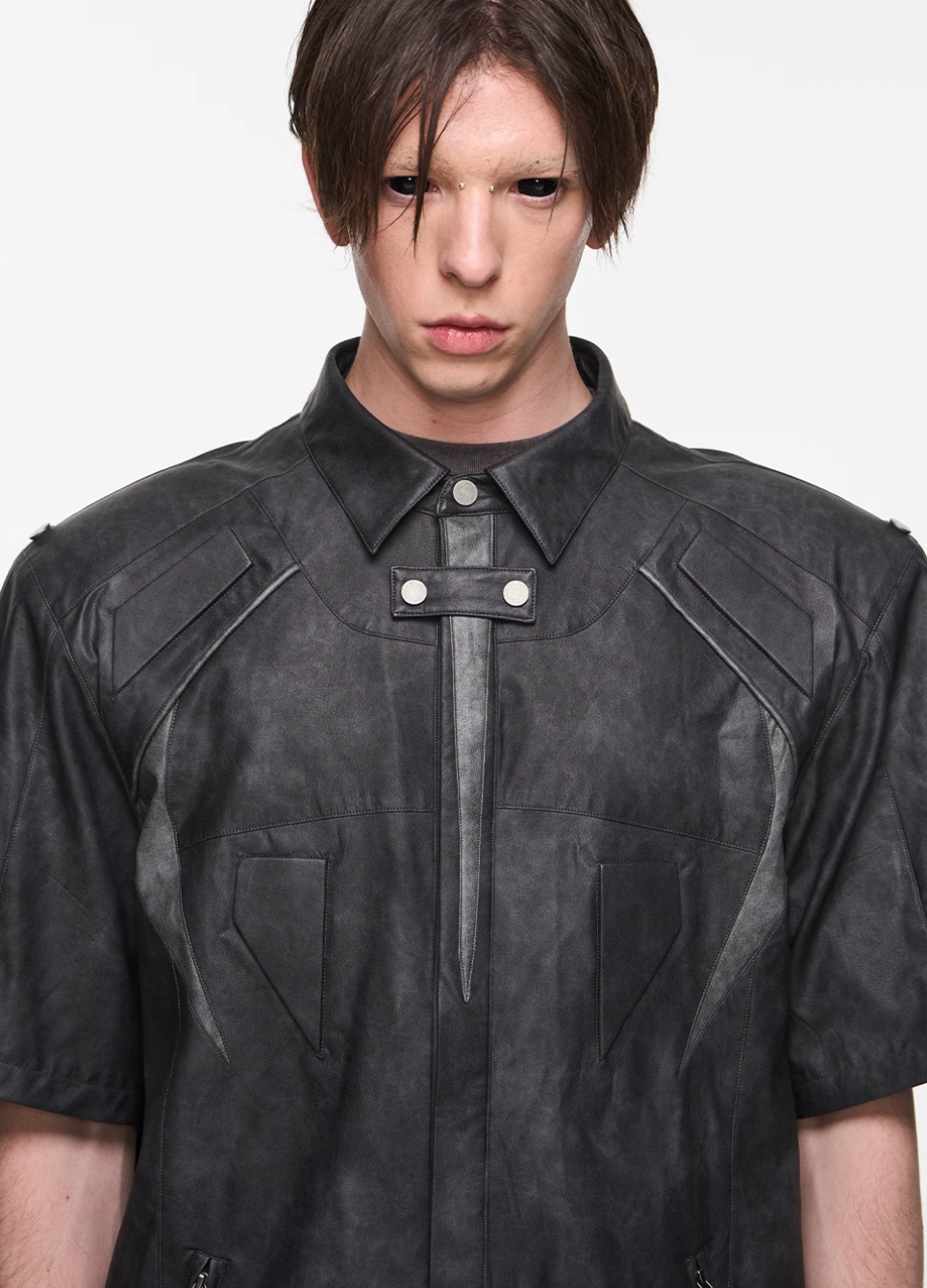 BLIND NO PLAN Patchwork Leather Biker Short Sleeve Shirt | Face 3 Face