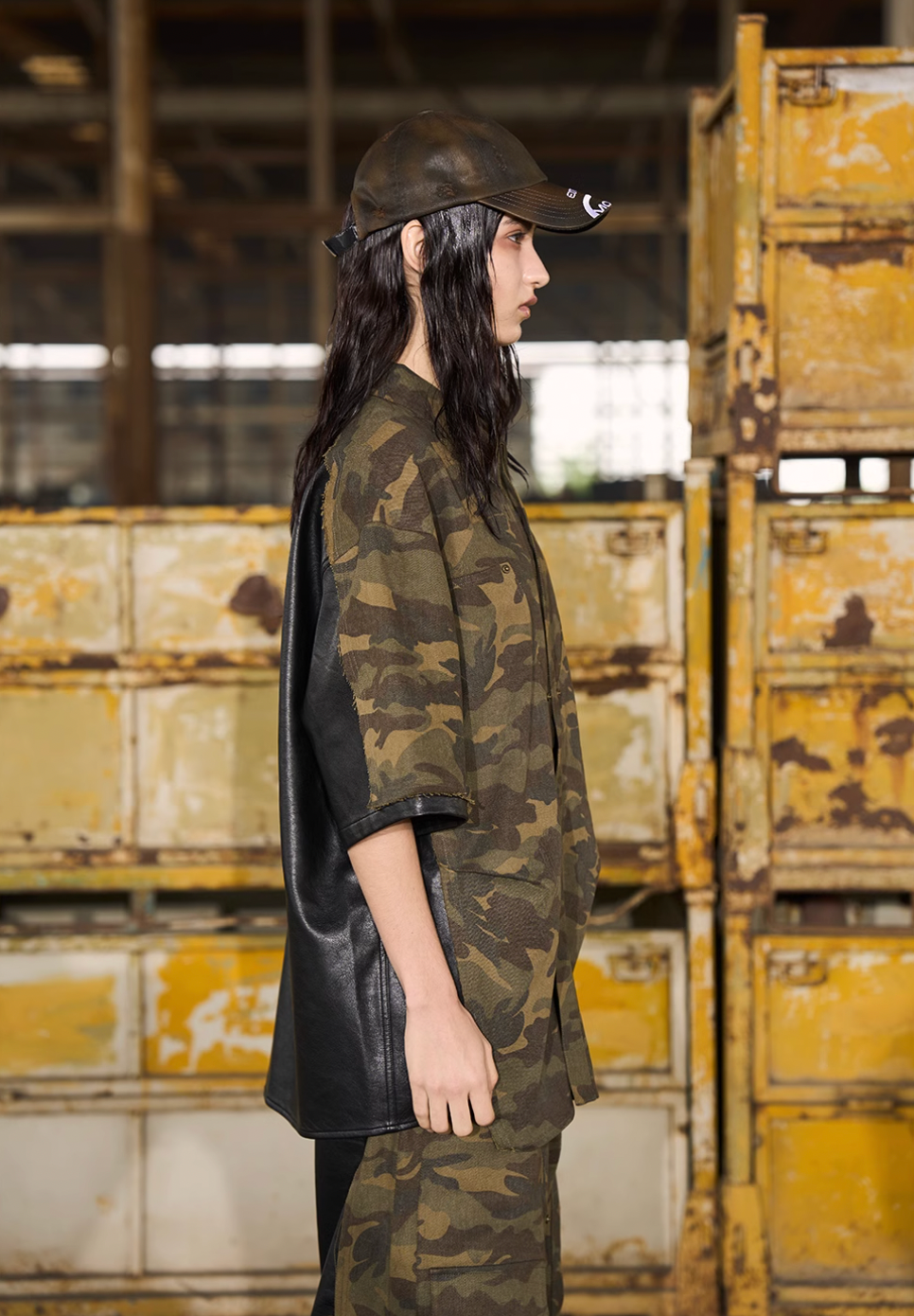 BLIND NO PLAN Camouflage Raw Edge Patchwork Leather Shirt | Face 3 Face