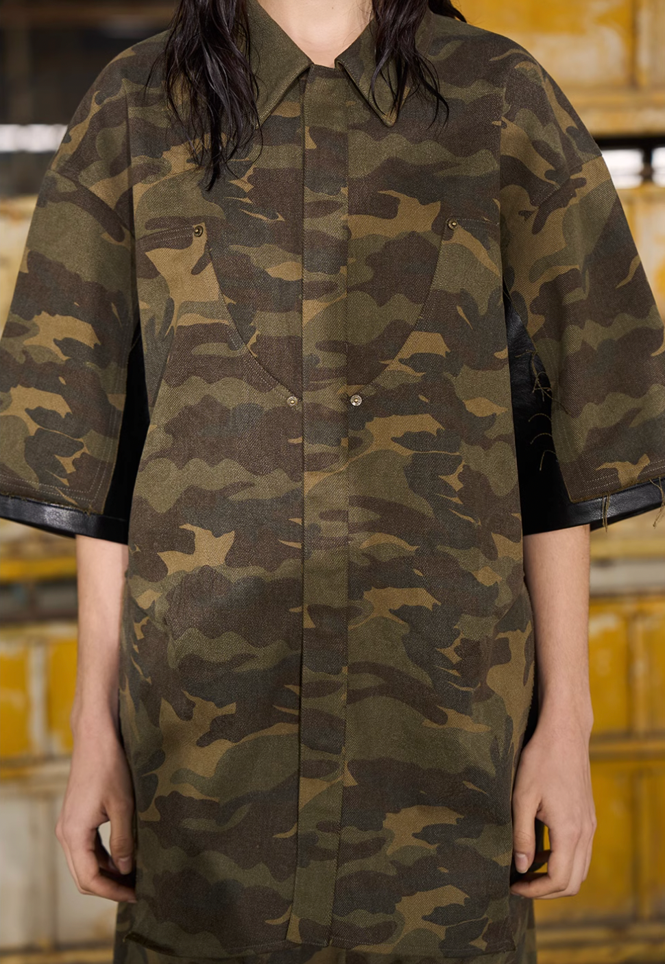 BLIND NO PLAN Camouflage Raw Edge Patchwork Leather Shirt | Face 3 Face