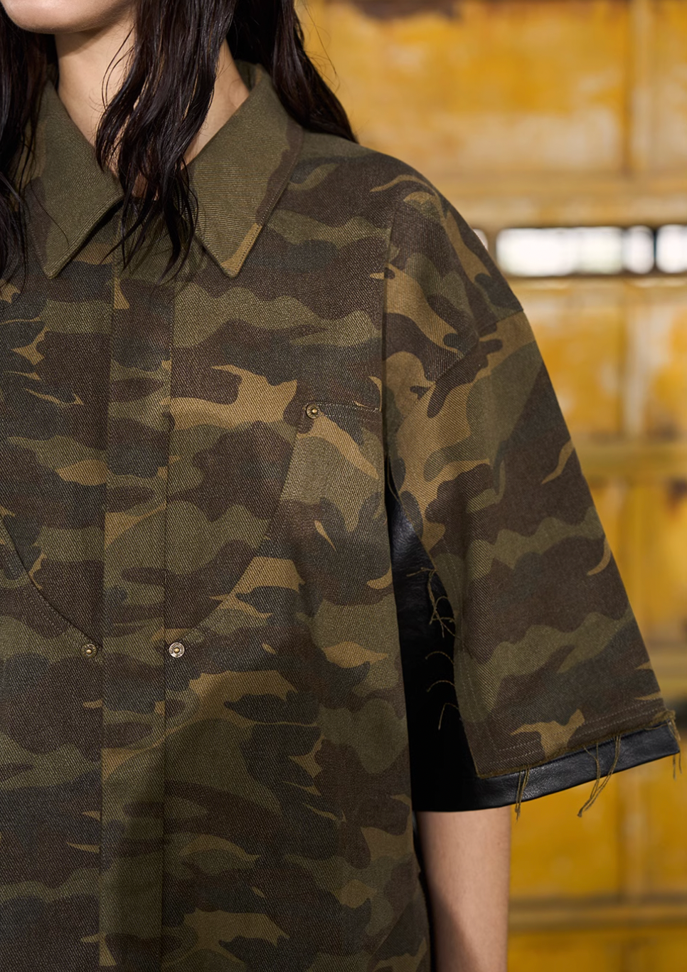 BLIND NO PLAN Camouflage Raw Edge Patchwork Leather Shirt | Face 3 Face